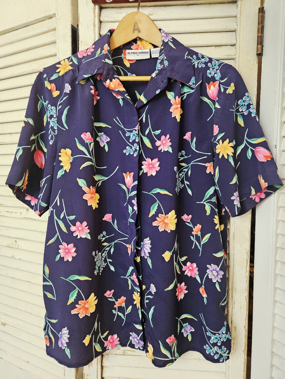 Vintage 90s Alfred Dunner Navy Floral Short Sleeve Blouse Medium